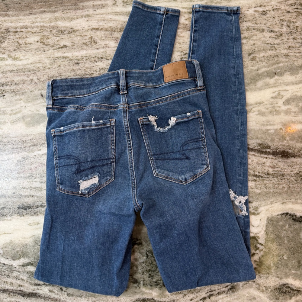 American Eagle Outfitters High Rise Jegging Blue Distressed Skinny Jeans